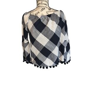 Wilton Park Navy White Buffalo Check Off Shoulder Pom Pom Hem Bell Sleeve Size L